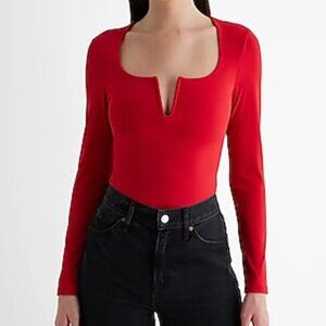 Body Contour High Compression V-Wire Long Sleeve Bodysuit Red Large Express